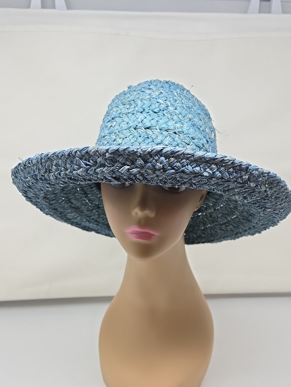 Light Blue Braided Wide-Brim Sun Hat for Women